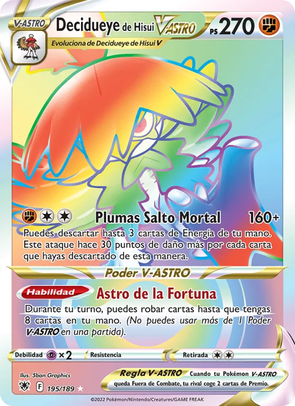 Carta Decidueye de Hisui V-ASTRO de la expansión Resplandor Astral, número 195/189