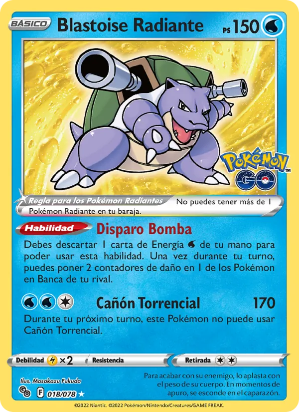 Carta Blastoise Radiante de la expansión Pokémon GO, número 018/78