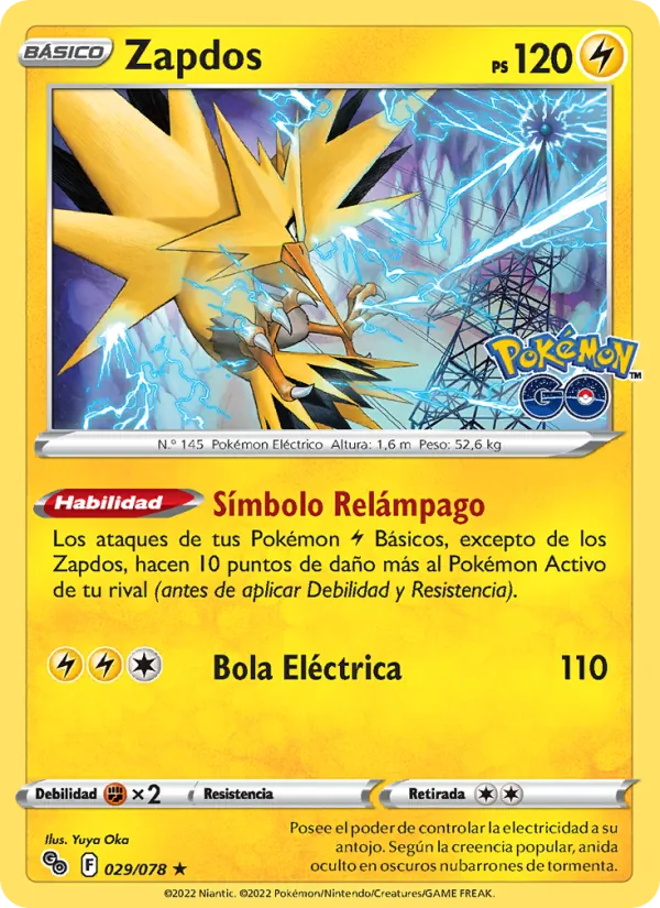 Carta Zapdos de la expansión Pokémon GO, número 029/78