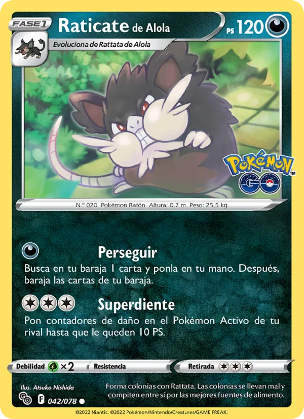 Carta Raticate de Alola de la expansión Pokémon GO, número 042/78