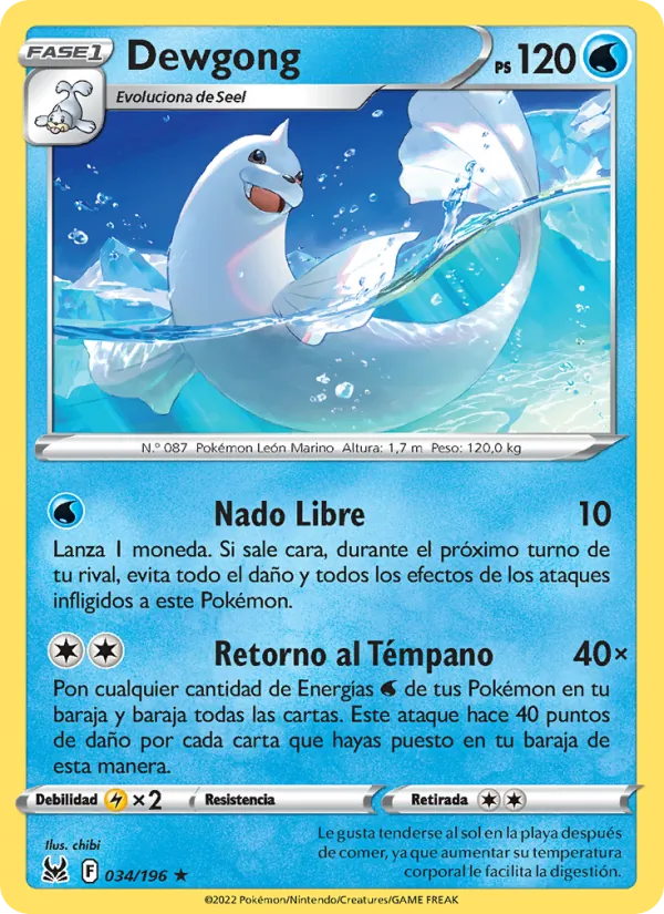 Carta Dewgong de la expansión Origen Perdido, número 034/196