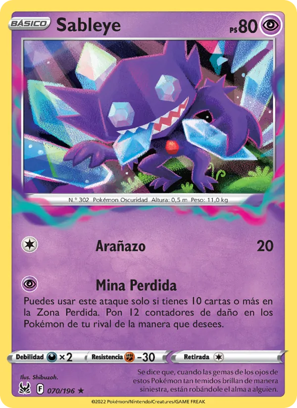Carta Sableye de la expansión Origen Perdido, número 070/196