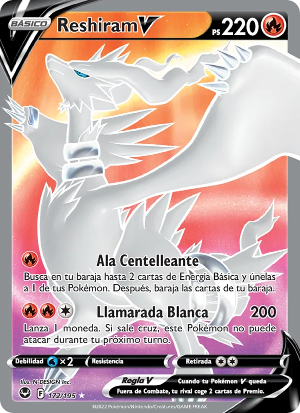 Carta Reshiram V de la expansión Tempestad Plateada, número 172/195