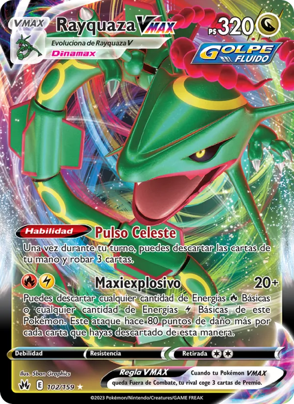Carta Rayquaza VMAX de la expansión Cenit Supremo, número 102/159