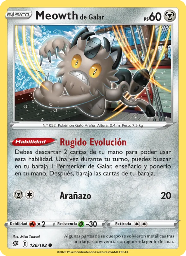 Carta Meowth de Galar de la expansión Choque Rebelde, número 126/192
