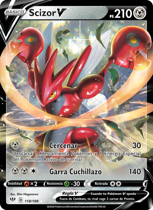 Carta Scizor V de la expansión Oscuridad Incandescente, número 118/189