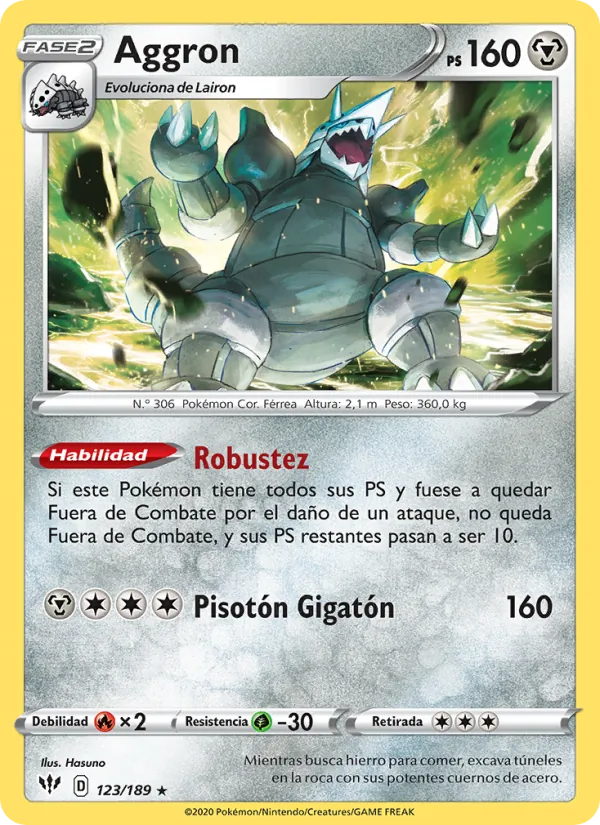 Carta Aggron de la expansión Oscuridad Incandescente, número 123/189