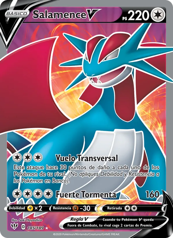 Carta Salamence V de la expansión Oscuridad Incandescente, número 185/189