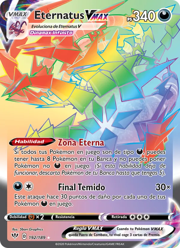 Carta Eternatus VMAX de la expansión Oscuridad Incandescente, número 192/189
