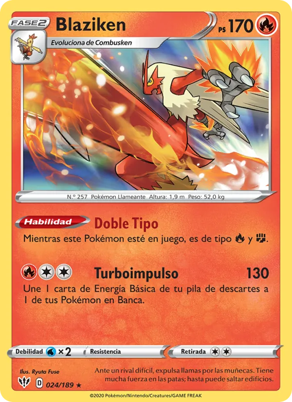 Carta Blaziken de la expansión Oscuridad Incandescente, número 24/189