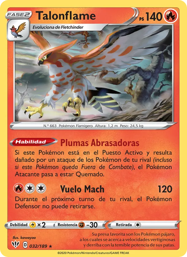 Carta Talonflame de la expansión Oscuridad Incandescente, número 32/189