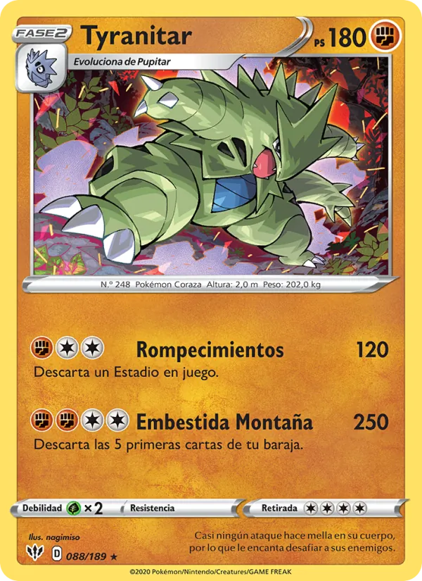 Carta Tyranitar de la expansión Oscuridad Incandescente, número 88/189