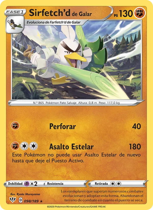 Carta Sirfetch'd de Galar de la expansión Oscuridad Incandescente, número 98/189