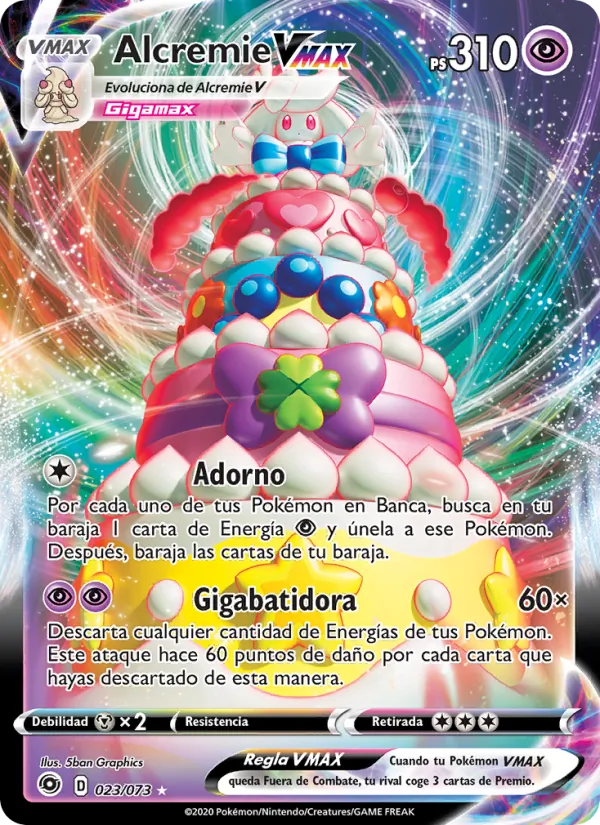 Carta Alcremie VMAX de la expansión Camino de Campeones, número 23/73