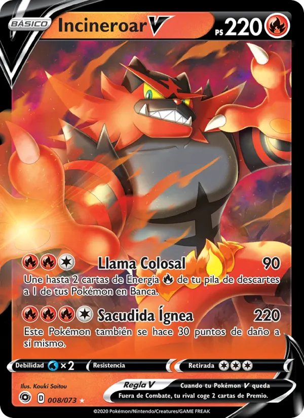 Carta Incineroar V de la expansión Camino de Campeones, número 8/73