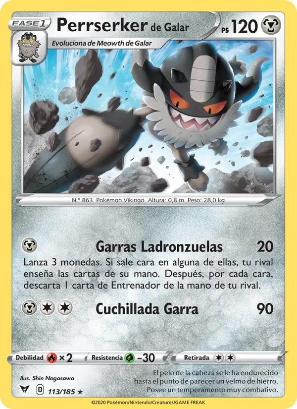 Carta Perrserker de Galar de la expansión Voltaje Vívido, número 113/185