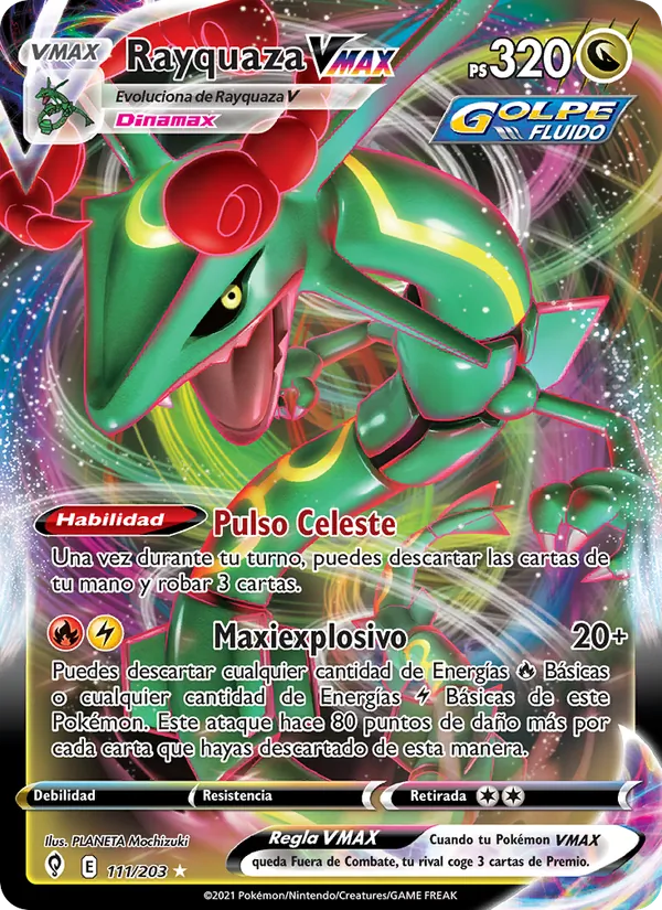 Carta Rayquaza VMAX de la expansión Cielos Evolutivos, número 111/203