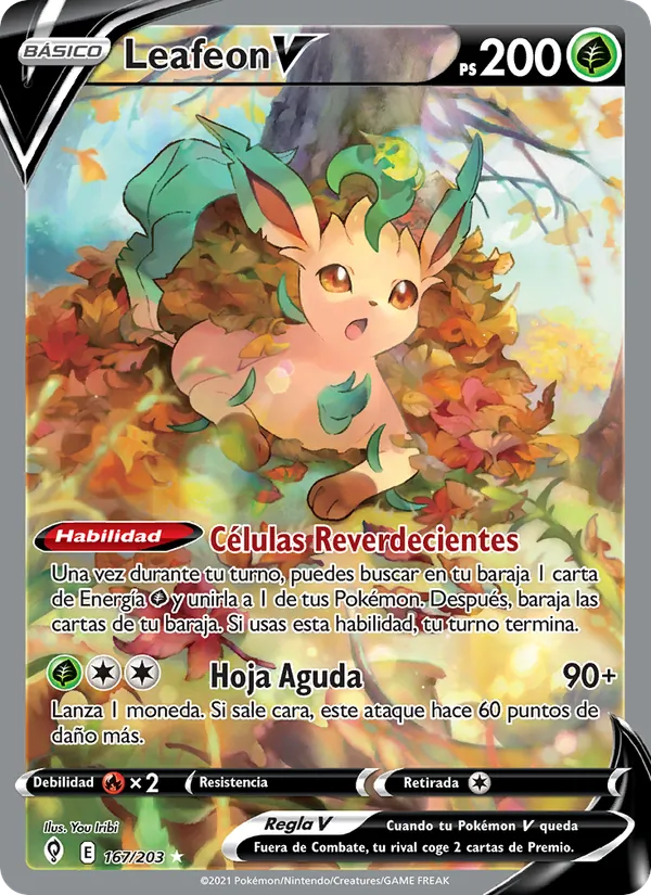 Carta Leafeon V de la expansión Cielos Evolutivos, número 167/203