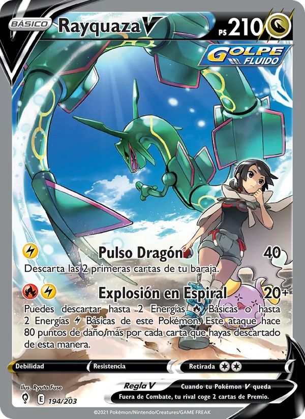 Carta Rayquaza V de la expansión Cielos Evolutivos, número 194/203