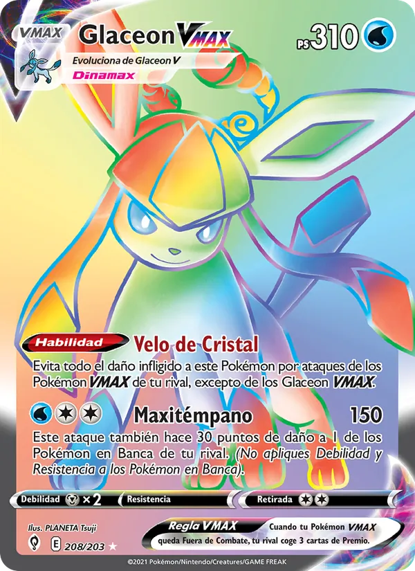 Carta Glaceon VMAX de la expansión Cielos Evolutivos, número 208/203