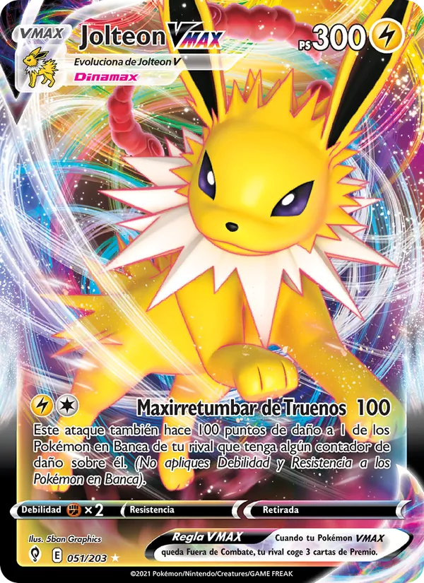Carta Jolteon VMAX de la expansión Cielos Evolutivos, número 51/203