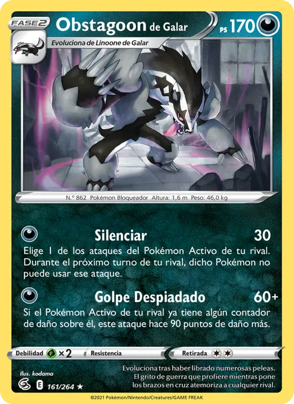 Carta Obstagoon de Galar de la expansión Golpe Fusión, número 161/264