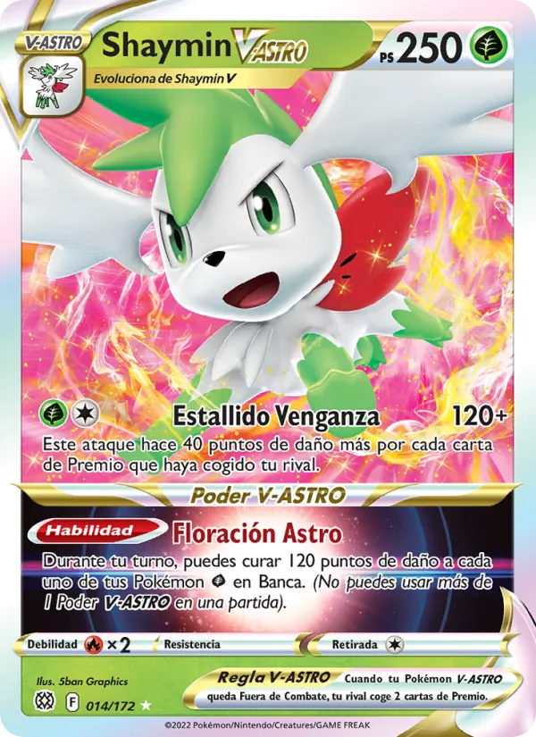 Carta Shaymin V-ASTRO de la expansión Astros Brillantes, número 014/172