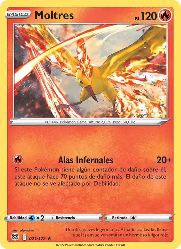 Carta Moltres de la expansión Astros Brillantes, número 021/172
