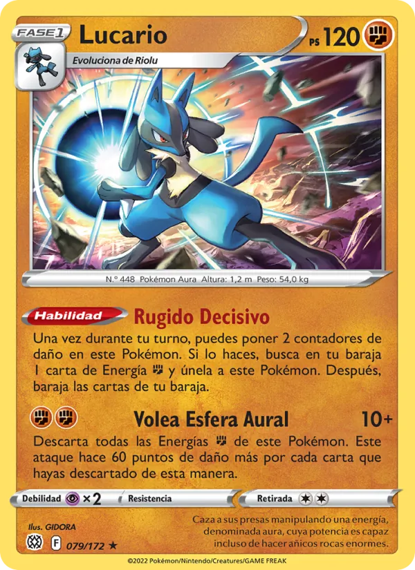 Carta Lucario de la expansión Astros Brillantes, número 079/172
