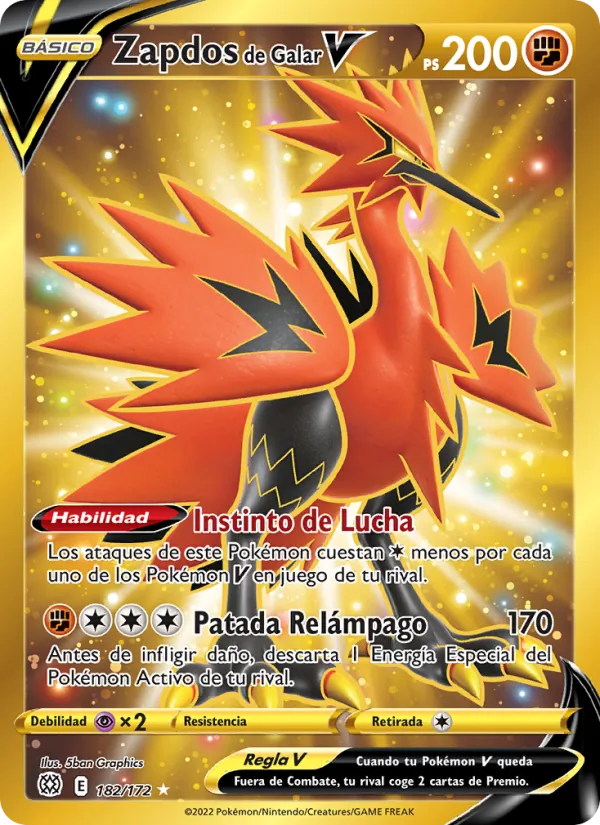 Carta Zapdos de Galar V de la expansión Astros Brillantes, número 182/172