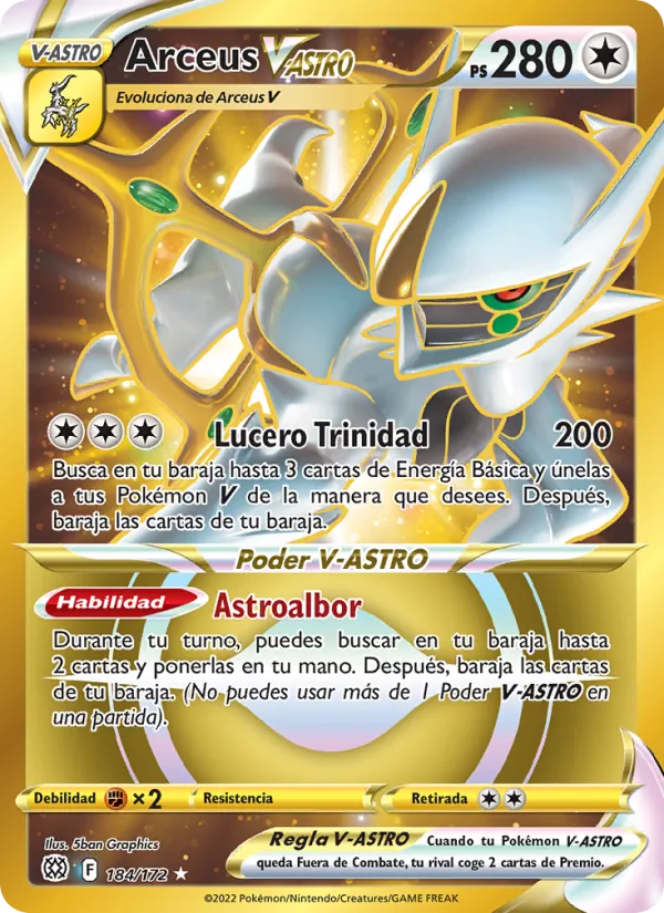 Carta Arceus V-ASTRO de la expansión Astros Brillantes, número 184/172
