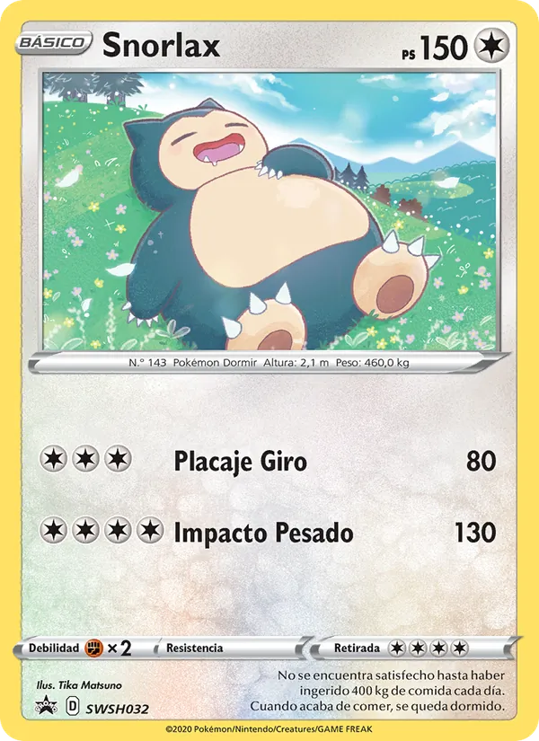 Carta Snorlax de la expansión Cartas de promoción ESES, número SWSH032/307