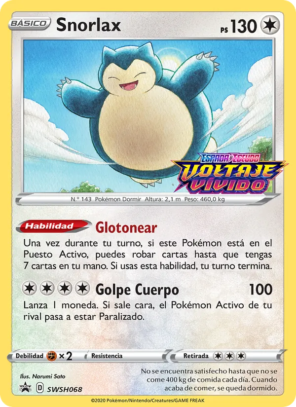 Carta Snorlax de la expansión Cartas de promoción ESES, número SWSH068/307