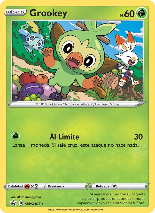Carta Grookey de la expansión Cartas de promoción ESES, número SWSH070/307
