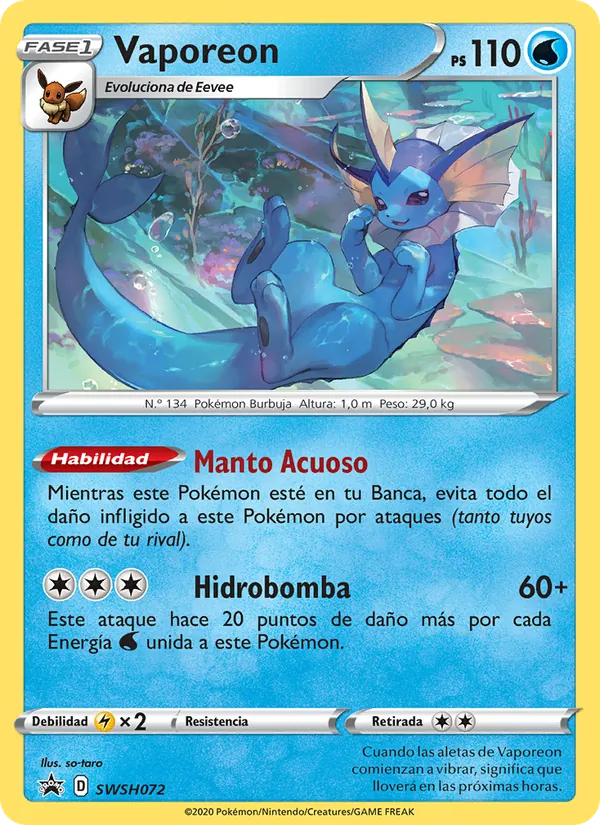 Carta Vaporeon de la expansión Cartas de promoción ESES, número SWSH072/307