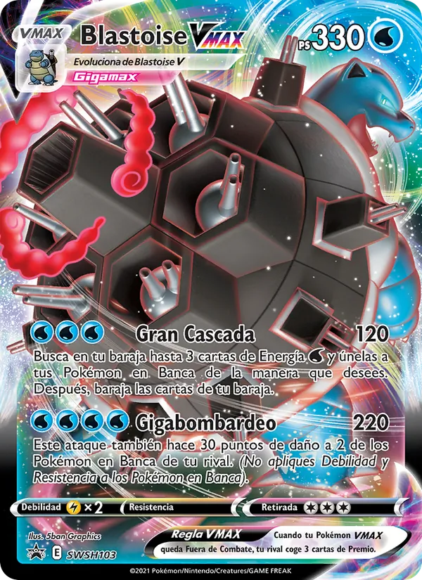 Carta Blastoise VMAX de la expansión Cartas de promoción ESES, número SWSH103/307