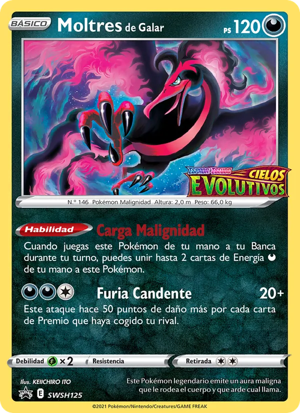 Carta Moltres de Galar de la expansión Cartas de promoción ESES, número SWSH125/307