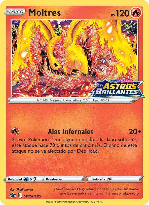 Carta Moltres de la expansión Cartas de promoción ESES, número SWSH185/307