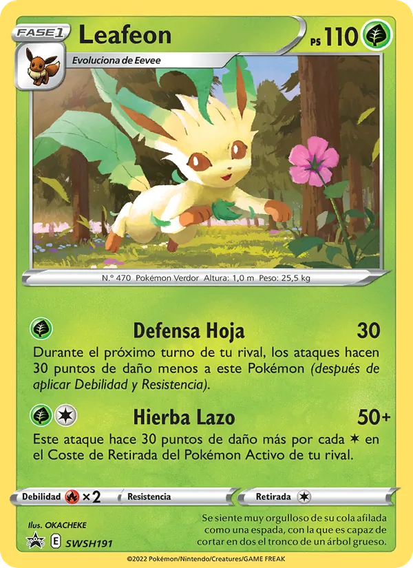 Carta Leafeon de la expansión Cartas de promoción ESES, número SWSH191/307