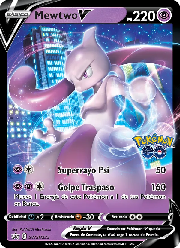 Carta Mewtwo V de la expansión Cartas de promoción ESES, número SWSH223/307