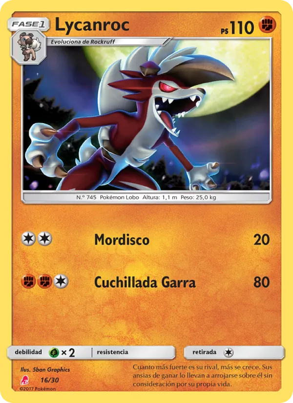 Carta Lycanroc de la expansión Kit de Entrenador Sol y Luna (Lycanroc), número 16/30