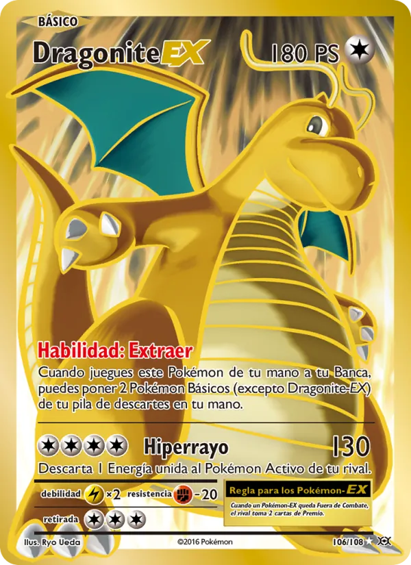 Carta Dragonite EX de la expansión Evoluciones, número 106/108