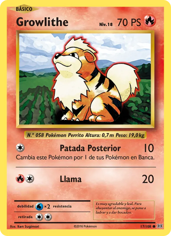 Carta Growlithe de la expansión Evoluciones, número 17/108