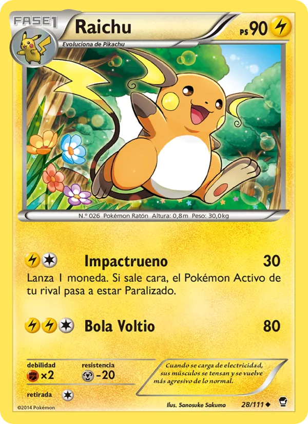 Carta Raichu de la expansión Puños Furiosos, número 28/111