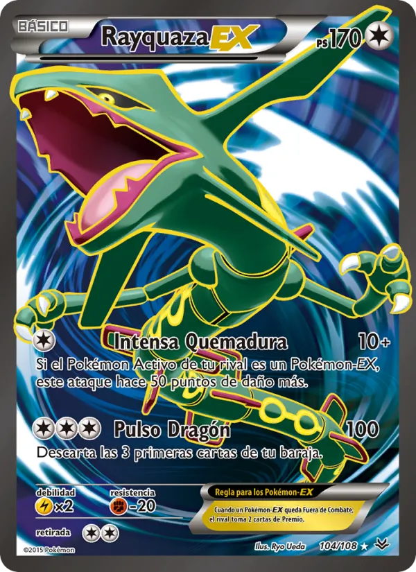 Carta Rayquaza EX de la expansión Cielos Rugientes, número 104/108