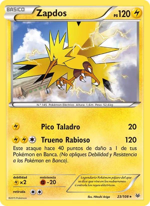 Carta Zapdos de la expansión Cielos Rugientes, número 23/108