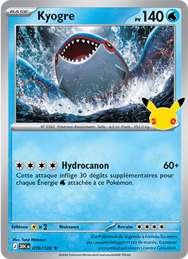 Carte Kyogre de l'extension 30ᵉ Anniversaire, numéro 019/128