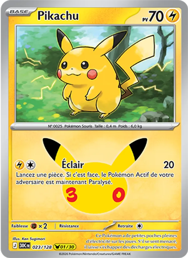 Carte Pikachu de l'extension 30ᵉ Anniversaire, numéro 023/128