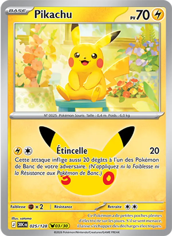 Carte Pikachu de l'extension 30ᵉ Anniversaire, numéro 025/128