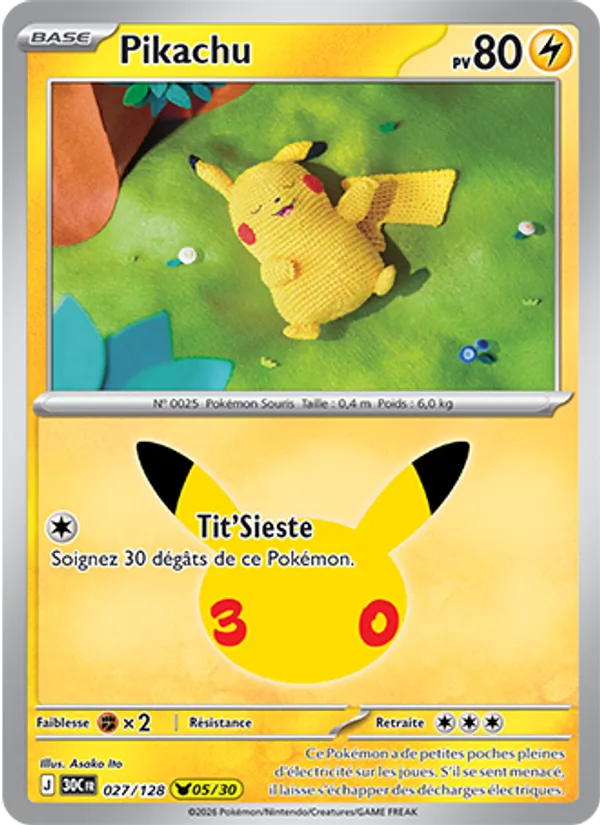 Carte Pikachu de l'extension 30ᵉ Anniversaire, numéro 027/128